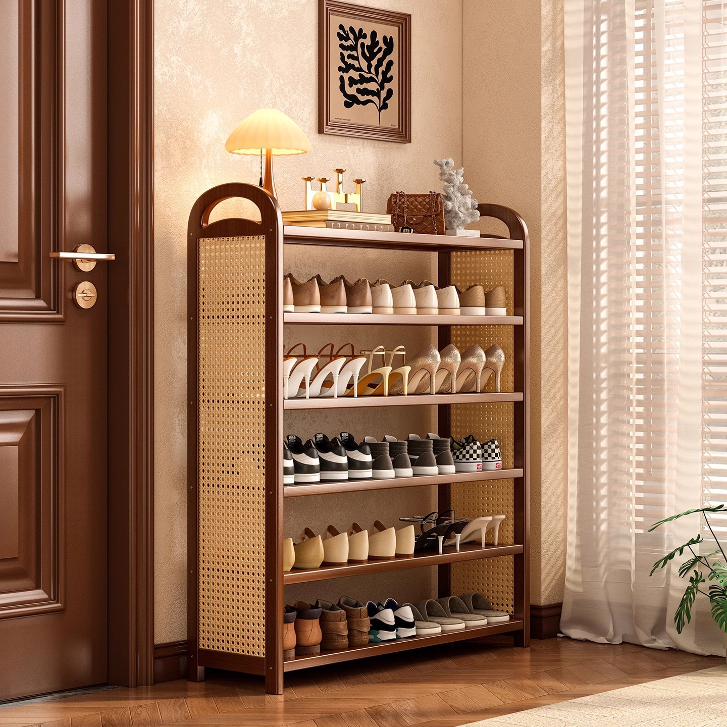 Zapatería de ratán simple, rejilla de almacenamiento de múltiples capas en la puerta del hogar, entrada a la puerta, armario de almacenamiento de zapatos de gran capacidad