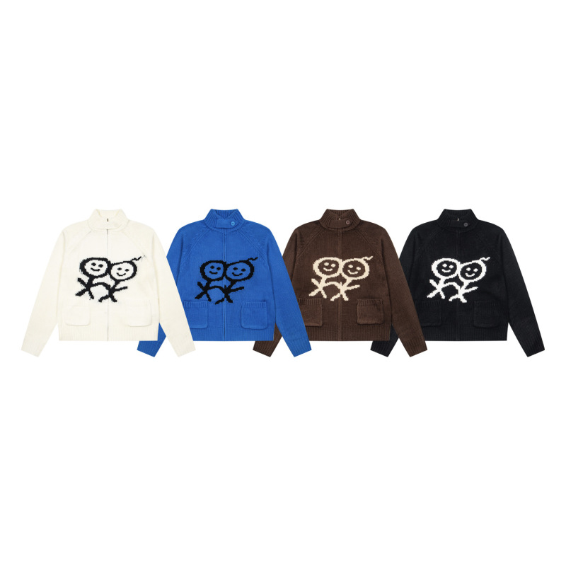 Blue/brown stick-figure pattern knitted cardigan, women's high-neck zip-up sweater, loose-fitting Korean-style outerwear for autumn and winter Blue/brown stick-figure pattern knitted cardigan, women's high-neck zip-up sweater, loose-fitting Korean-style outerwear for autumn and winter