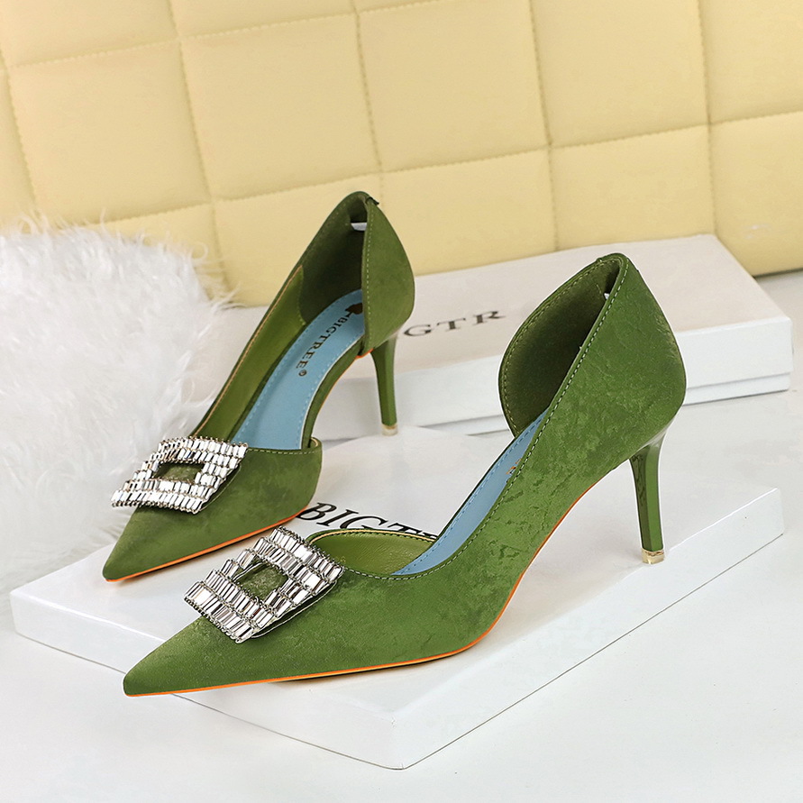 6168-AK50 Korean Style Fashion Party Women's Thin High Heel Fabric Shallow Mouth Pointed Toe Metal Rhinestone Buckle_vogvips.com