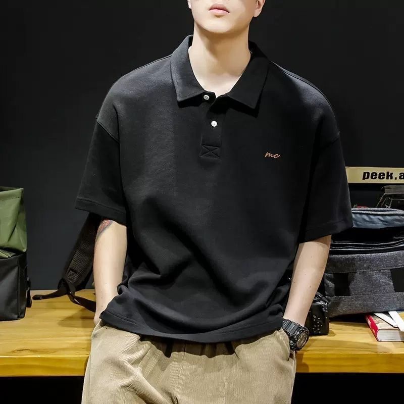 American retro heavyweight short-sleeved polo shirt men's summer trendy loose plus size turn-down collar T-shirt men's polo shirt trendy