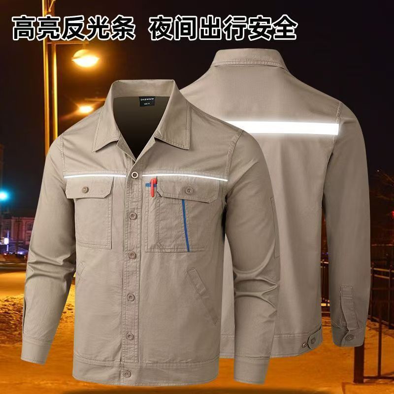 夏作業服メンズスーツ薄型通気性長袖溶接作業場防汚トップスとパンツ労働保護服作業服|undefined