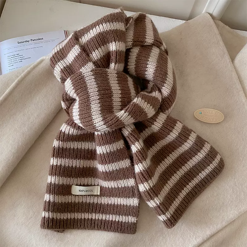 情侣日系简约毛线围巾秋冬新款条纹羊毛围巾女学生百搭保暖围脖潮