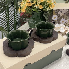 派一中古緑アカシア木皿陶磁器コーヒーカップ高温釉薬下彩コーヒーカップマグカップ花型カップ