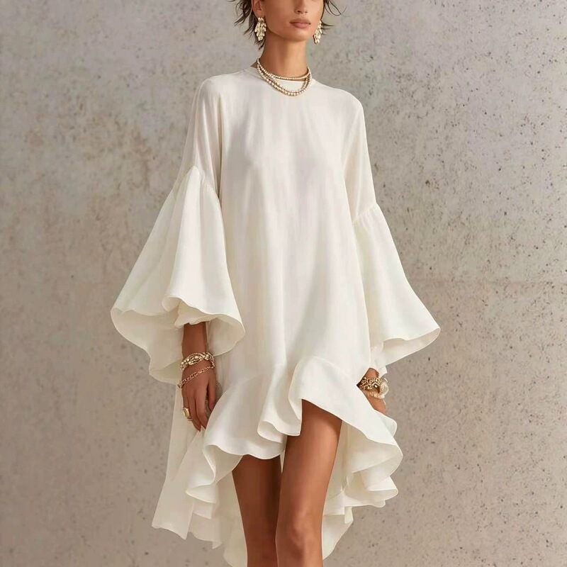 2026 European and American cross-border new style solid color round neck large bell sleeve ruffled loose asymmetrical dress