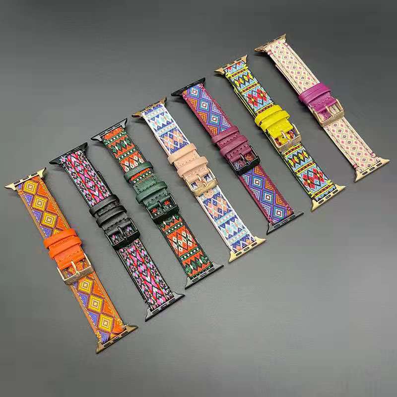 For Apple Watch 6 Generation SE Ethnic Style Leather Strap iWatch5/4/3/2 Fashion Personality Wristband for Men and Women