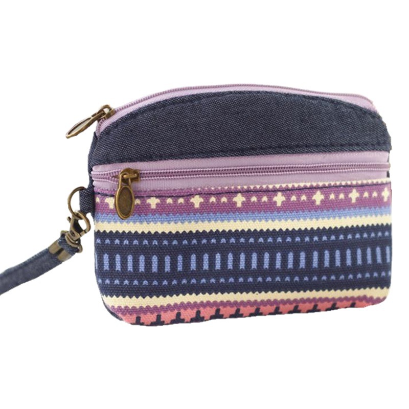 Estilo étnico bolso de la moneda de tela de transporte de mano de doble tirón monedero de la moneda de las mujeres caso de la llave bolsa mediana de entrega de una sola pieza