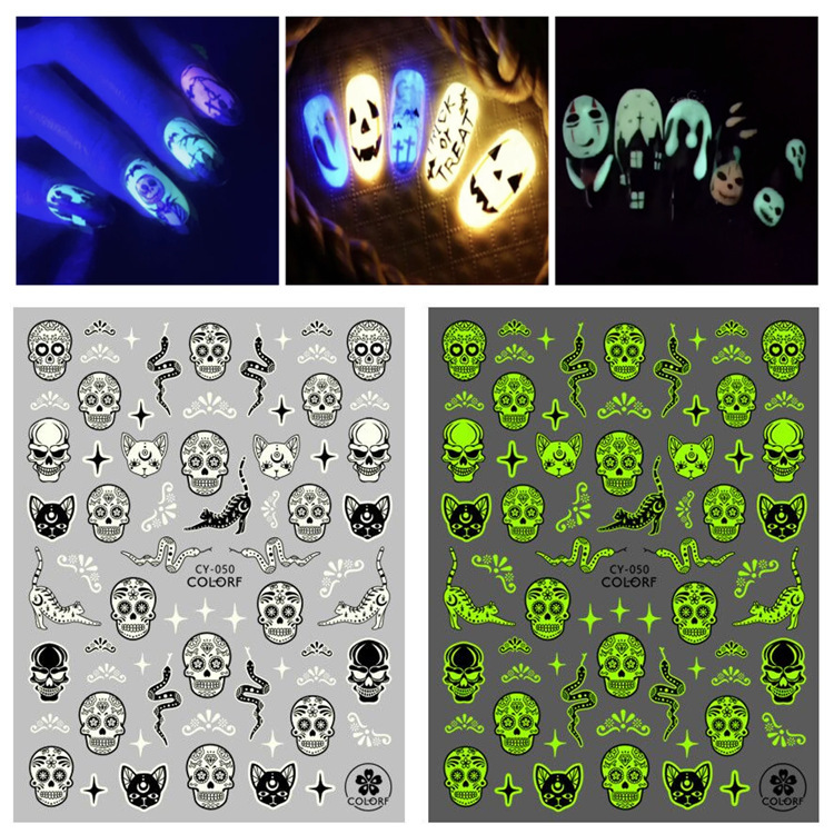 Luminous Halloween Nail Art Stickers Skull Snake Spider Luminous Halloween Nail Art Stickers CY46-054