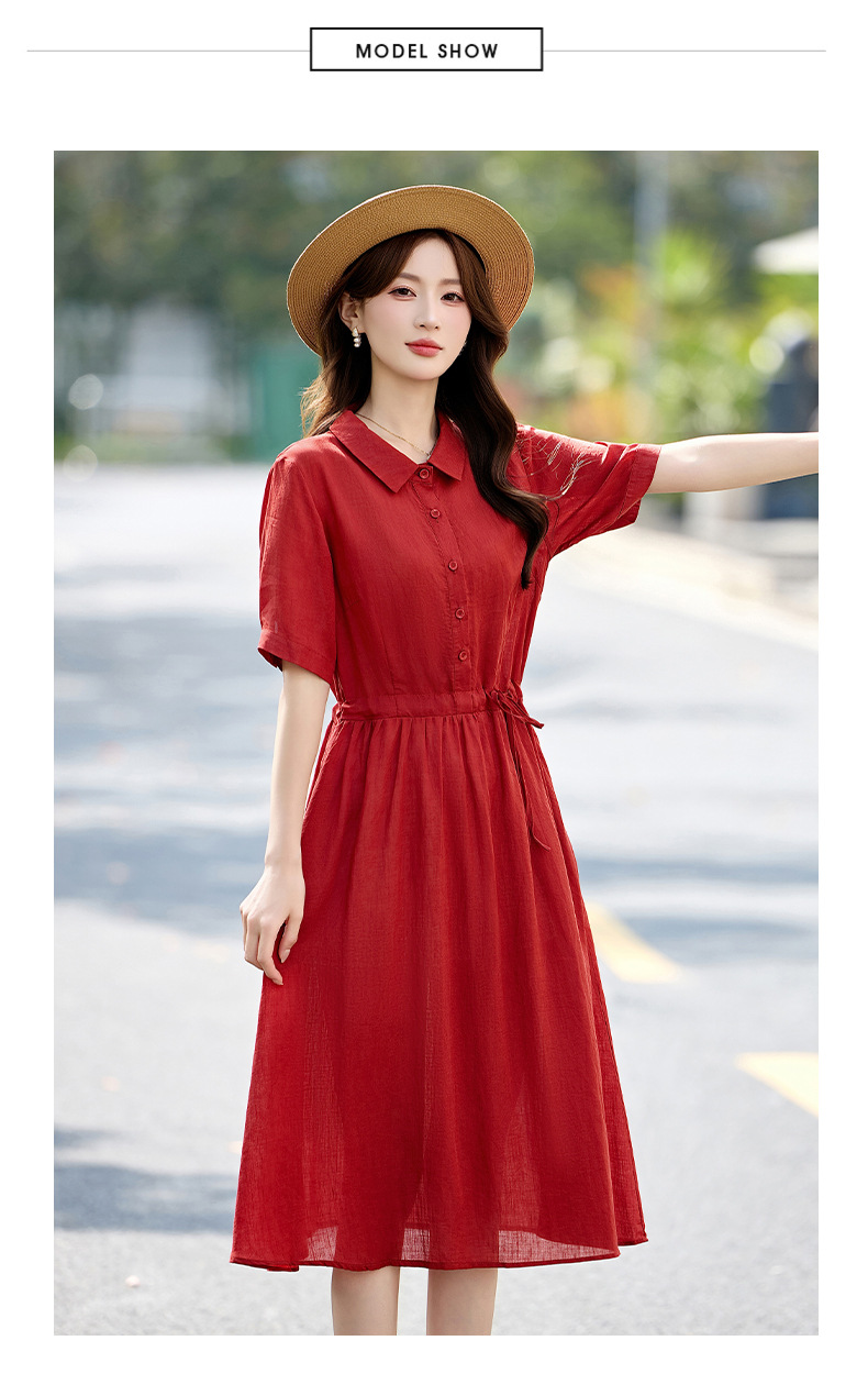Đầm suông nữ midi dây rút eo cổ điển tay ngắn — Xanh lông mòng đen, màu đỏ chi tiết 19
