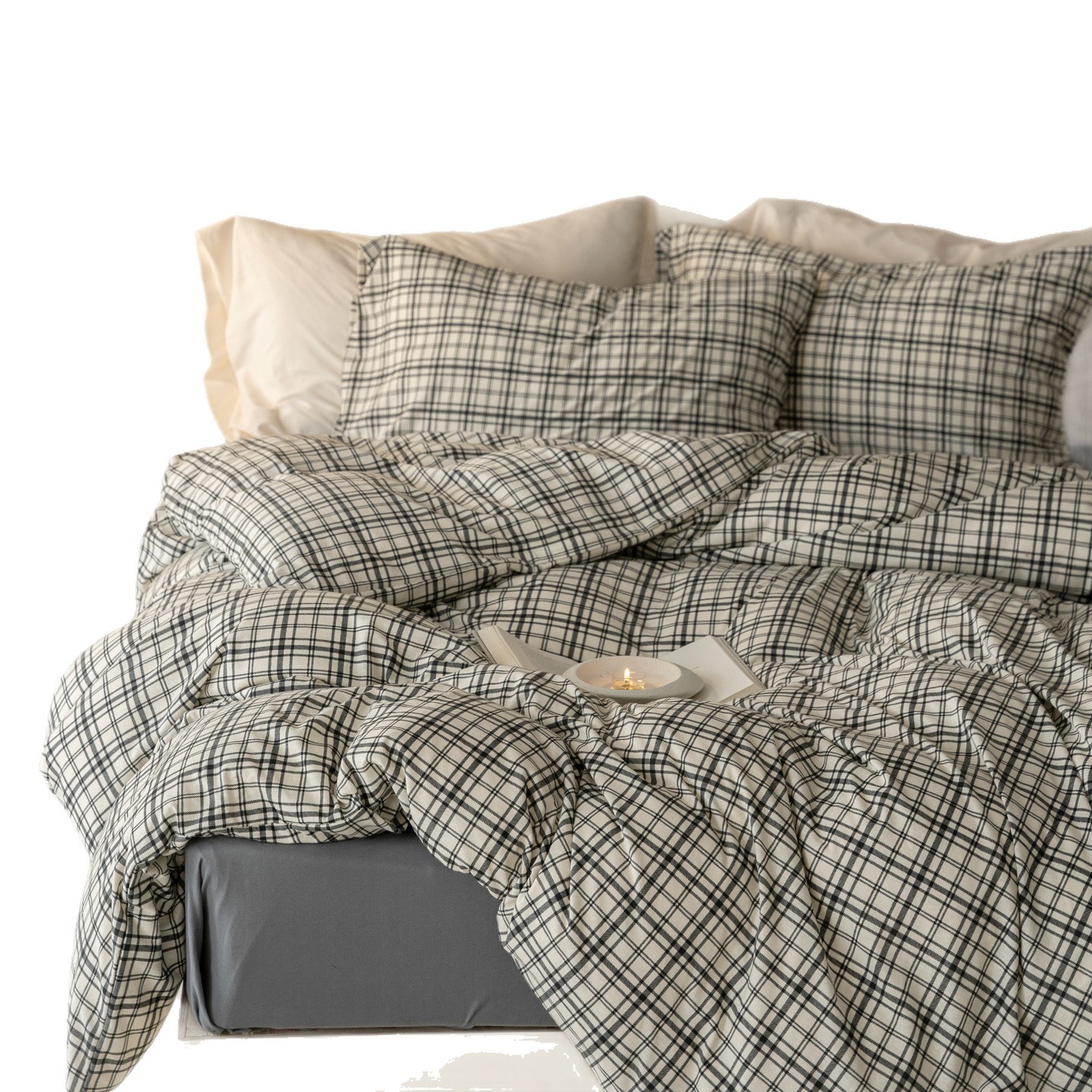 Pure Cotton Jersey Bed Linen Set With Plaid Print Four Piece_voghion.com
