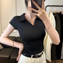 パーソナライズされたピュアディザイアホットガールスリムで多用途なポロカラー半袖夏のファッション年齢を減らす痩身ソリッドカラートップイントレンド