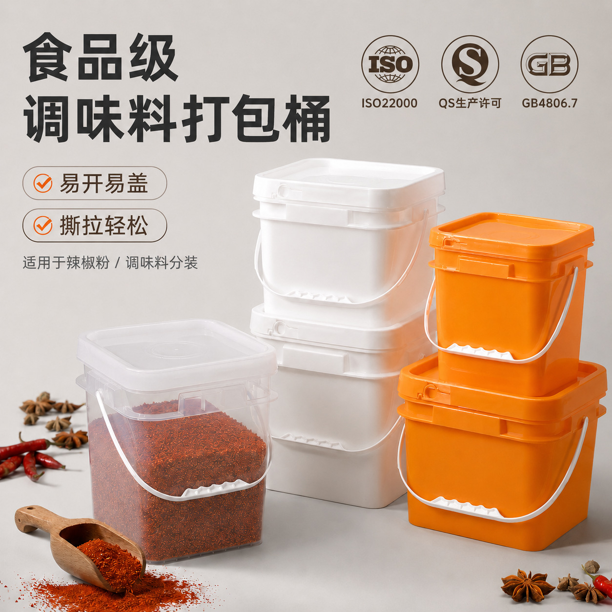 加厚可堆码正方形密封方桶辣椒面辣椒粉专用包装桶干货防潮空桶