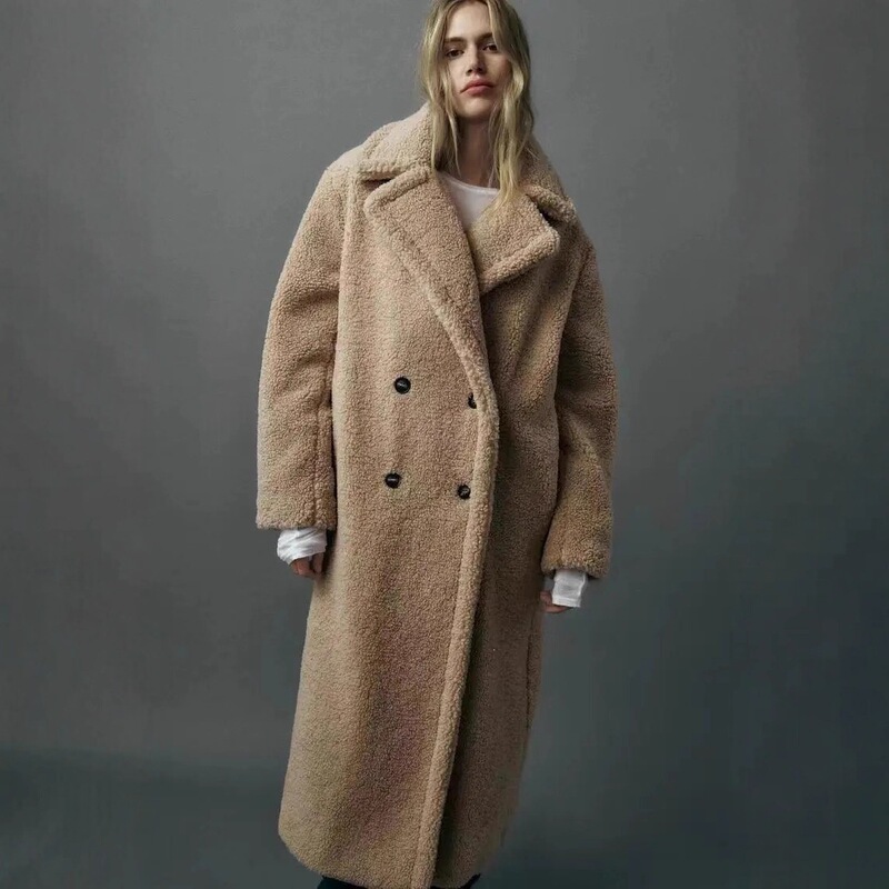Kaopu Za European and American Foreign Trade Wholesale Autumn and Winter Women's Clothing Large Lapel Thickened Lamb Wool Fleece Extra-Long Coat
