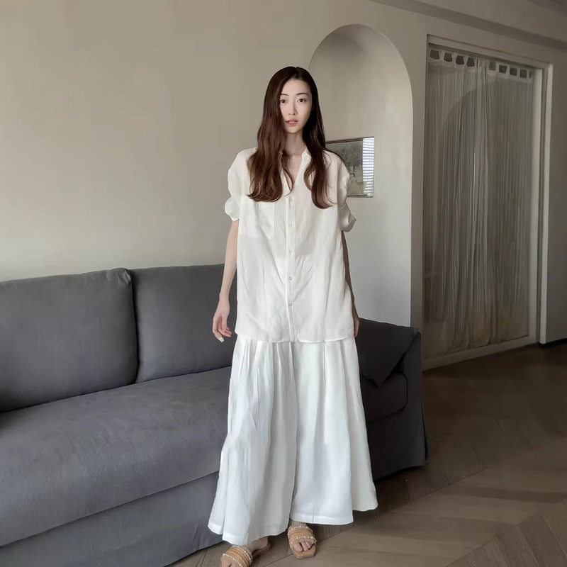 2026 Spring/Summer Tencel Loose Fit Versatile Simple Old Money Style V-Neck Shirt D0447 Set with Wide-Leg Pants Two-Piece Set 2026 Spring/Summer Tencel Loose Fit Versatile Simple Old Money Style V-Neck Shirt D0447 Set with Wide-Leg Pants Two-Piece Set