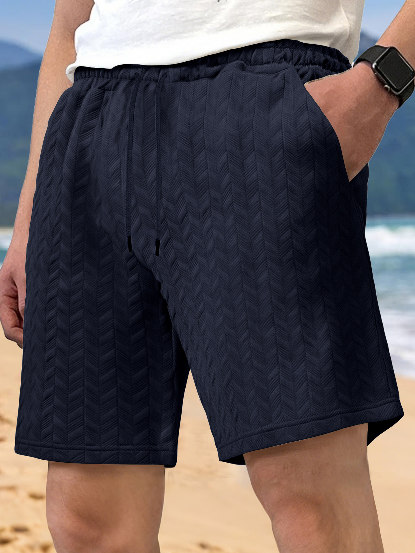 Europa y Estados Unidos ropa de hombre transfronteriza spot verano suelta pantalones cortos de color sólido jacquard correa de hombre casual pantalones cortos de playa