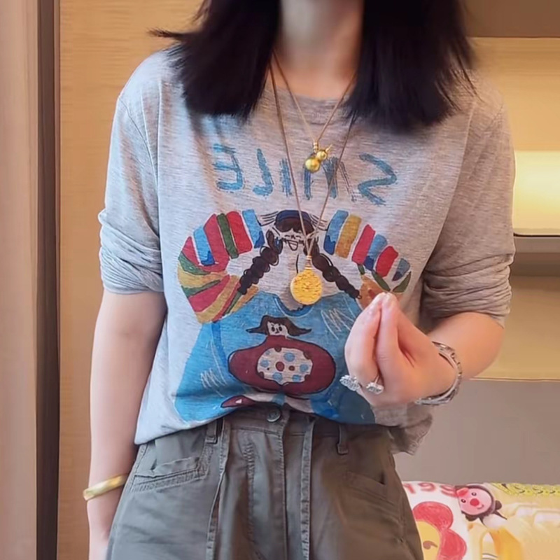 [6535 Cotton] Cartoon Graffiti Girl Print Sun Protection Shirt Women's Thin Round Neck Long Sleeve T-Shirt Spring and Summer New Style