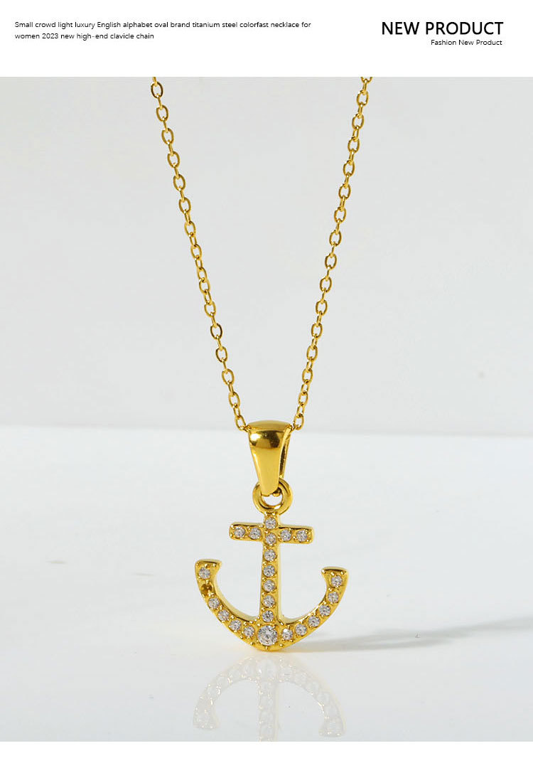 Diamond Design Wholesale Jewelry Elegant Simple Style Streetwear Anchor Titanium Steel Diamond Pendant Necklace