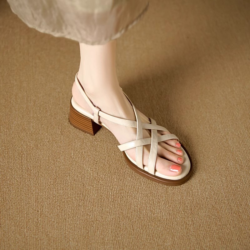 Genuine Leather ~ French Sandals for Women in Summer 2025 New Style with Skirts, Beautiful High Heels, Thick Heels, Roman Shoes