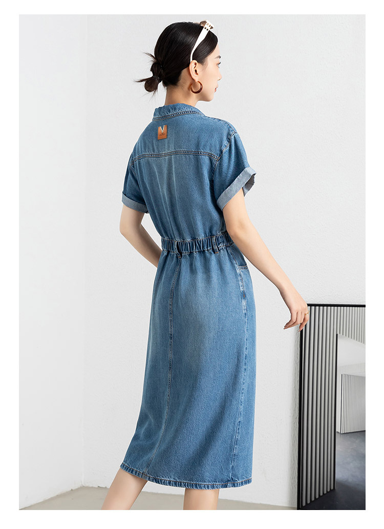 Váy denim nữ cổ polo tay ngắn cúc đơn dáng midi mùa hè — Màu xanh lam chi tiết 8