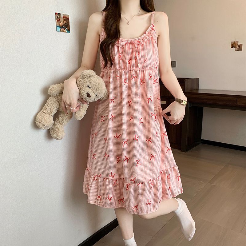 Cloud Cotton Pajamas for Women in Summer with Fixed Chest Pads, Suspenders, Mid-Length Nightgown, Sweet and Slightly Sexy Home Wear for Girls, Thin Cloud Cotton Pajamas for Women in Summer with Fixed Chest Pads, Suspenders, Mid-Length Nightgown, Sweet and Slightly Sexy Home Wear for Girls, Thin