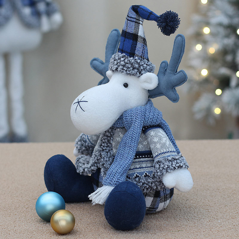 Blue Fabric Christmas Reindeer Plush Toy – Standing & Sitting Santa Hat Deer Doll For Window Display & Festive Decor_voghion.com