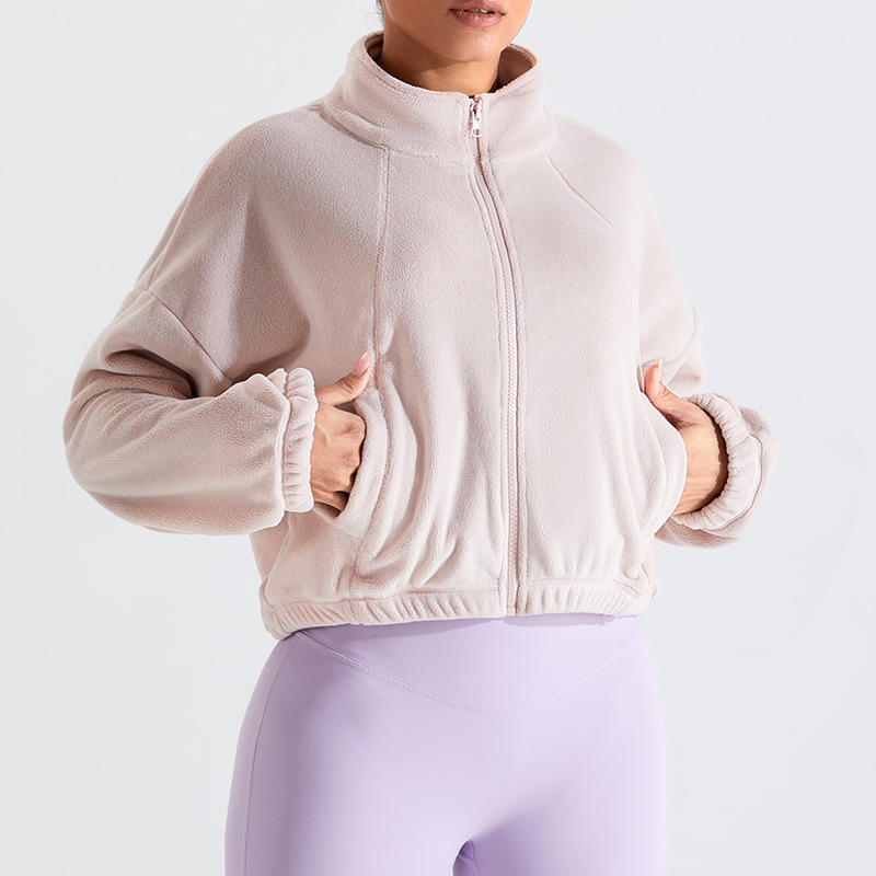 Liquidación, sin devoluciones ni cambios, chaqueta deportiva de lana austriaca resistente al viento para mujer, cuello alto, corte holgado, forrada de lana, chaqueta cálida para yoga y fitness.