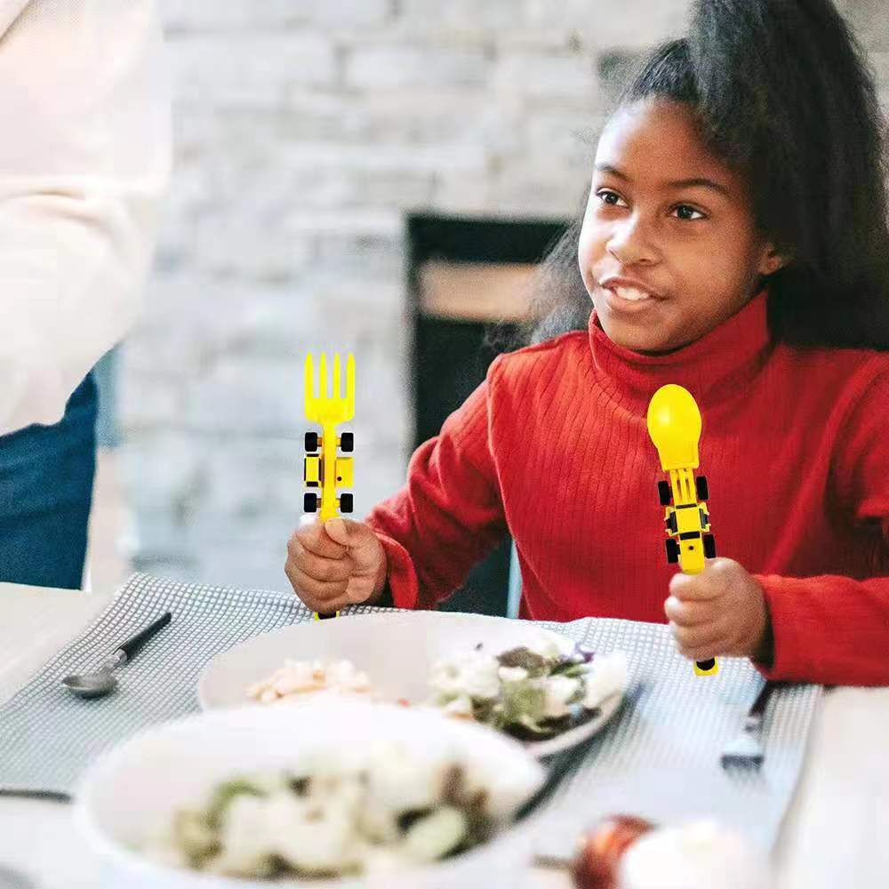 Dinneractive coche excavadora pala tenedor pala plato vajilla para niños tres traje