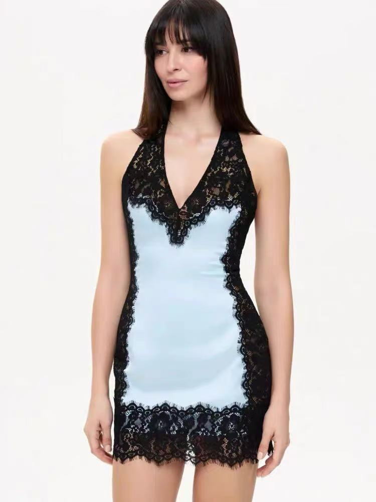European and American style pure desire halter neck V-neck lace dress, satin color-blocking slim-fit lace trim short dress