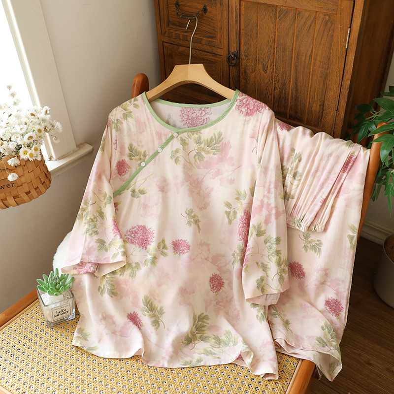 Round Neck Slant Placket Pullover Bra-free Cotton Silk Pajamas Women's Summer Thin Chest Pad Home Clothes Can Wear Ram Cotton suit