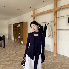 设计感荷叶边飘带长袖灰色上衣女秋季新款百搭打底衫修身内搭T恤
