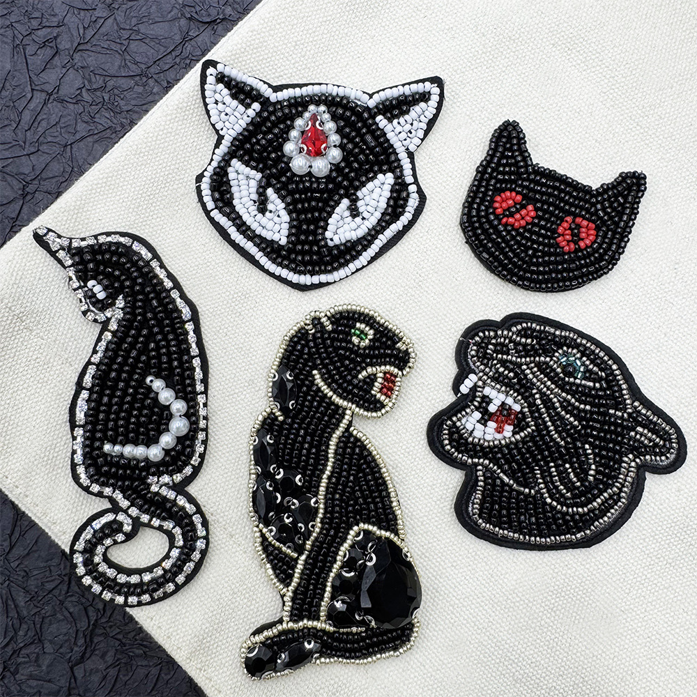 精美手工串珠水钻虎头老虎猫咪黑色系布贴服装鞋帽包包潮流配饰贴