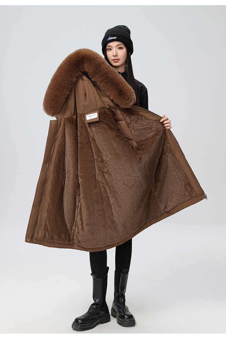 2024 foreign trade overcomes women's winter new Korean version waist cinching slimming hooded big fur collar cotton_voghion.com