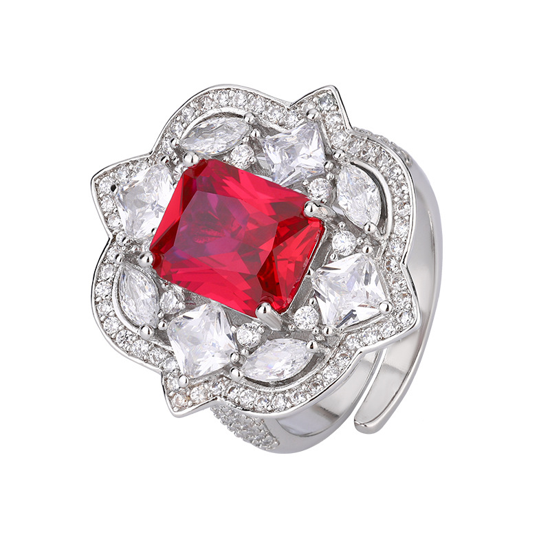 2024 nuevo estilo Zhuang Shengsheng joyería fondo de cobre chapado en oro simulación corindón rojo cristal puntiagudo azul traje retro avanzado mujer 8*10