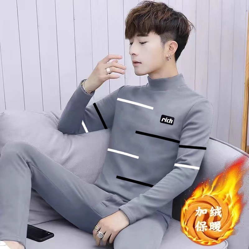 2025冬季保暖内衣男加绒加厚青少年学生秋衣秋裤套装中圆领打新款