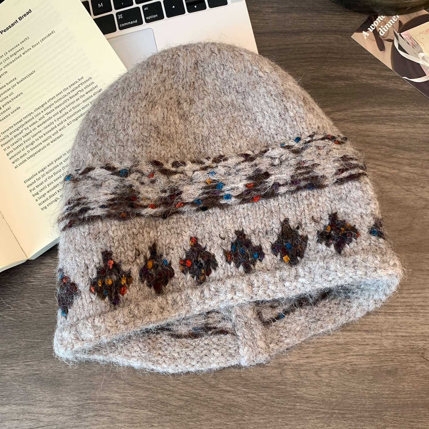 フェア島風毛糸帽子女子秋冬レトロ百合大頭囲保温ニット帽子顔小耳保護帽子