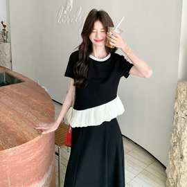 黑色气质巨好看的花瓣短袖上衣套装裙女夏季2025新款半身裙两件套