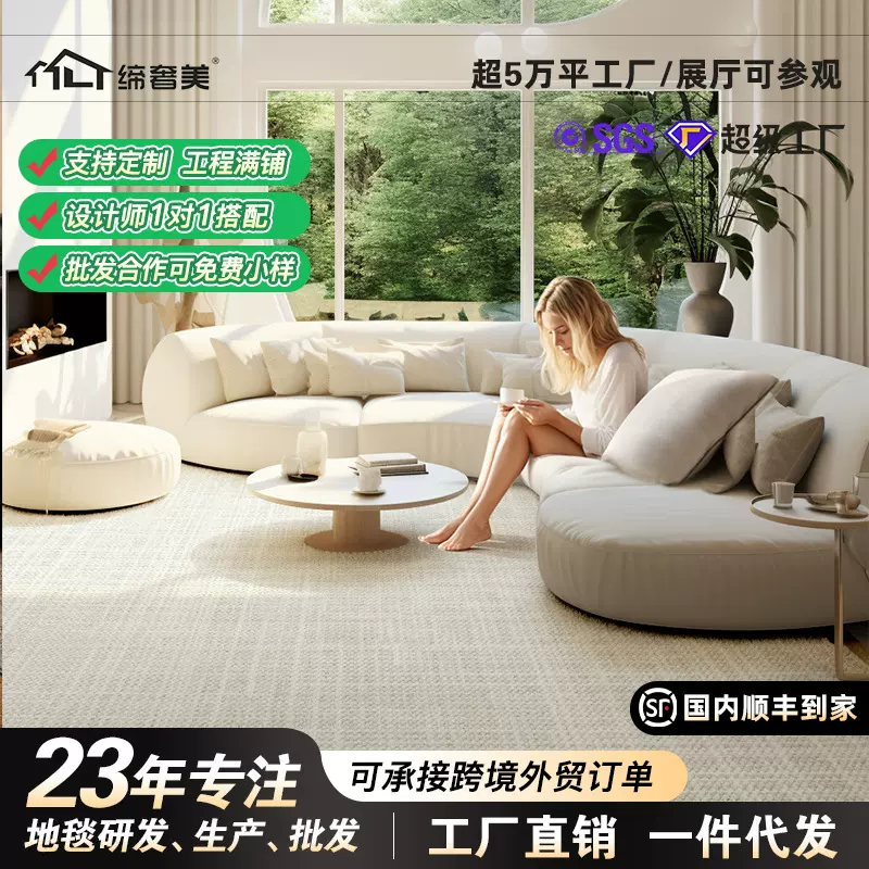高级羊毛混纺地毯家用大面积全铺耐脏易打理无胶客厅卧室满铺定制