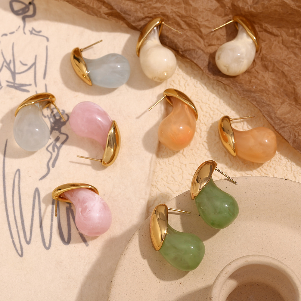 Candy Color Resin Water Drop Stainles Steel Earrings
