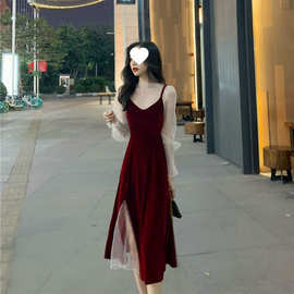 两件套连衣裙女春秋新款性感套装透视闪闪亮片打底衫+丝绒吊带裙