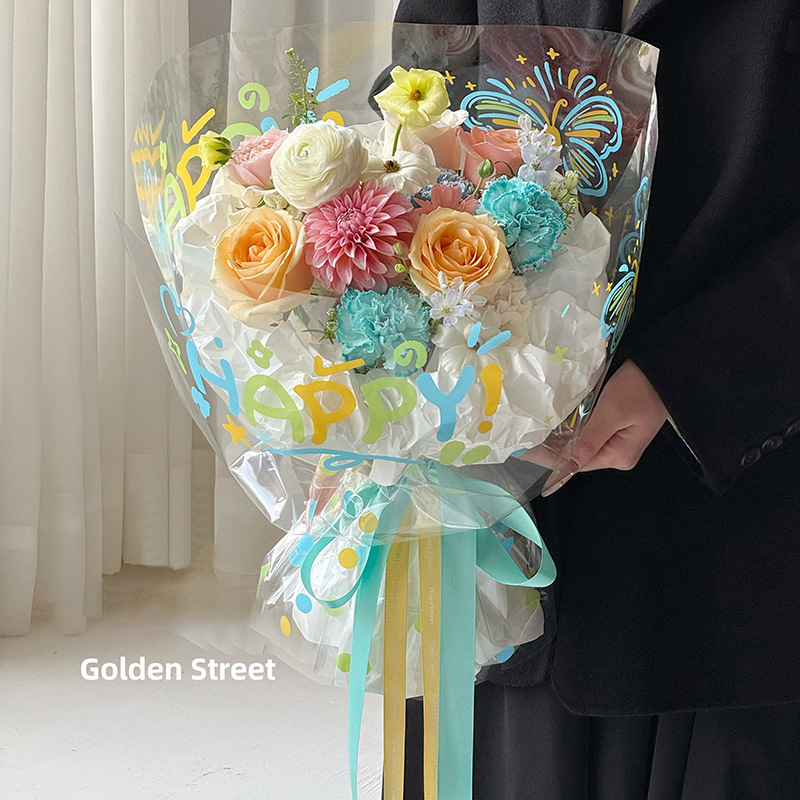 Qisejin celofán serie verano colorido bricolaje papel de embalaje hecho a mano floristería material de embalaje floral