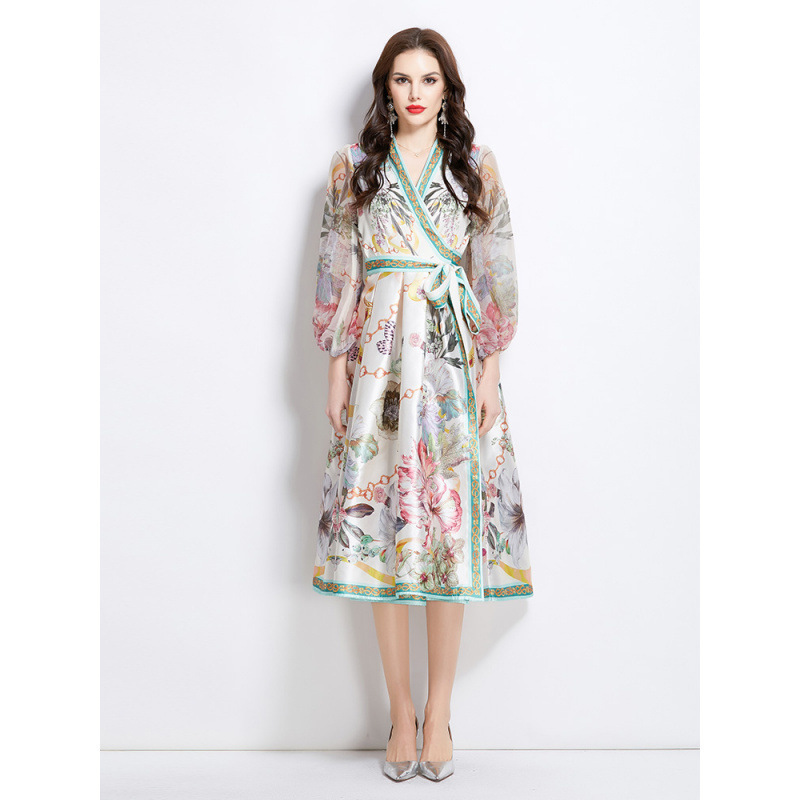 Elegant and Fashionable Elegant 2025 Cross-Border Spring New V Neck Ethnic Style Printed Satin Wrap Long Dress
