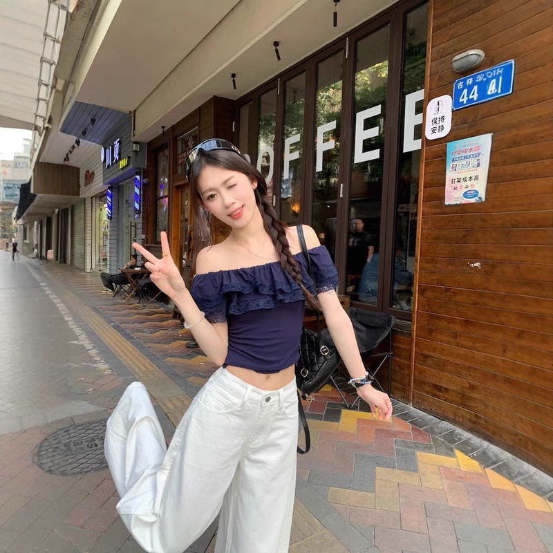 French Ruffled Lace One-Shoulder T-Shirt 2025 Summer New Style Slim-Fitting Design Top for Women Chic