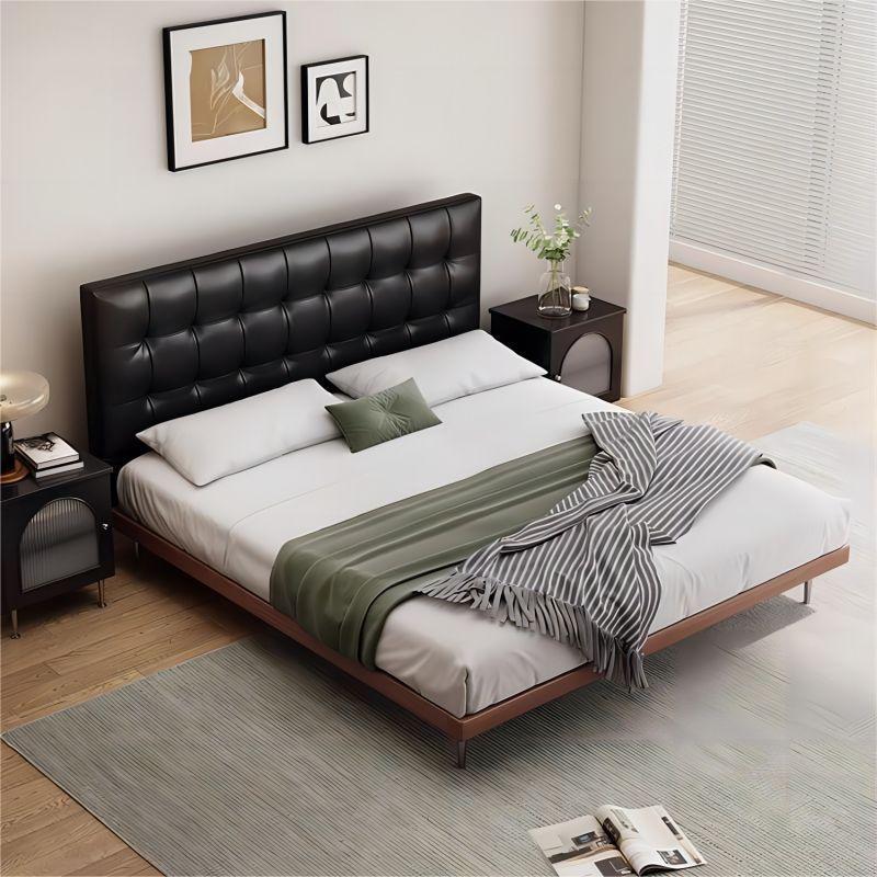 Medieval estilo waffle cama principal atmósfera de alta gama italiana minimalista madera maciza bolsa suave cama doble de piel de vaca negra image 4