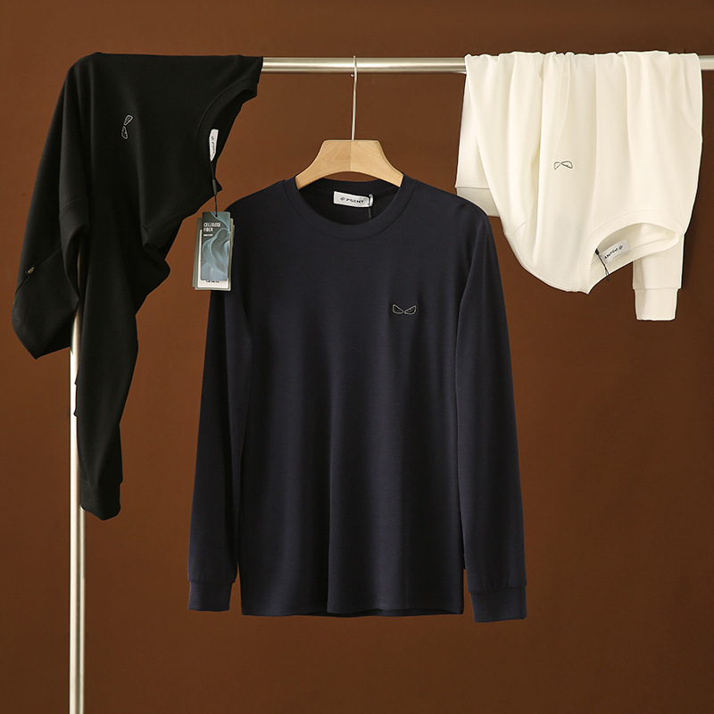 [High-end "devil" embroidery] high-count copper ammonia soft cotton men's round neck long sleeve stretch long sleeve T-shirt Spring