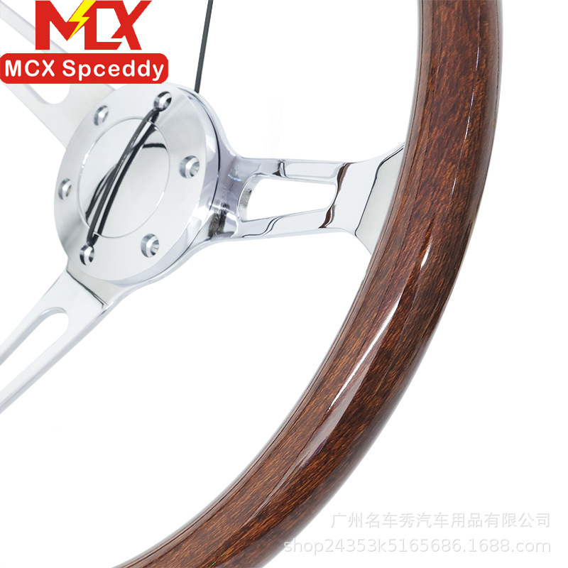 Cross-border modification 15inch peach wood color retro steering wheel 380mm universal concave electroplated bracket with a hole spacing of 70mm