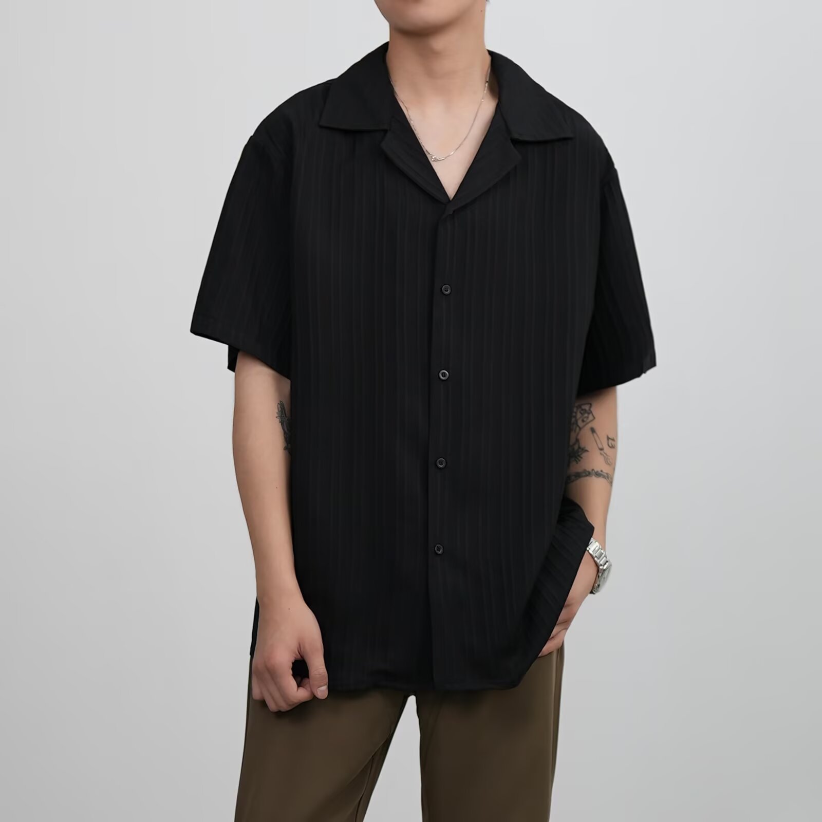 Herren Kurzarm Freizeithemd Mit Textur In Schwarz Weiss_voghion.com