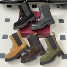 高定 G家2025秋季真皮圆头复古厚底增高马衔扣骑士靴女真皮女靴