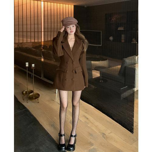 美拉德咖色毛呢西装外套女秋冬收腰中长款复古气质高级感呢子大衣|undefined