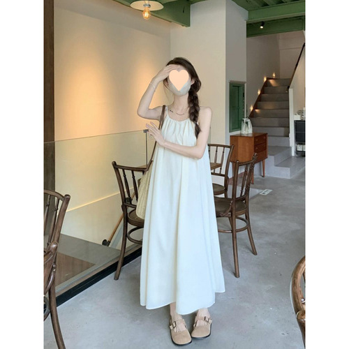 Long dress casual characters, solid color hanging sleeveless small neck, slimming dress, summer design, simple and loose temperament