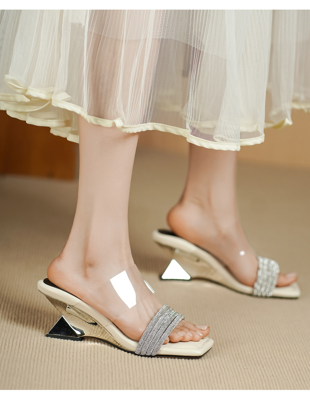 Sandal cao gót nữ mũi vuông đính đá, quai ngang trong suốt, gót 6 cm — đen chi tiết 7