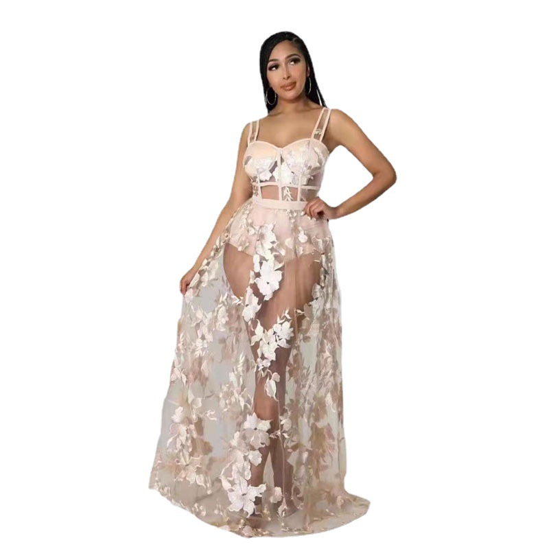 Vestido HX053 de Amazon, color sólido, bordado, transparente, entallado, sin elasticidad, con tirantes finos, efecto adelgazante, estilo francés, versátil, cintura alta